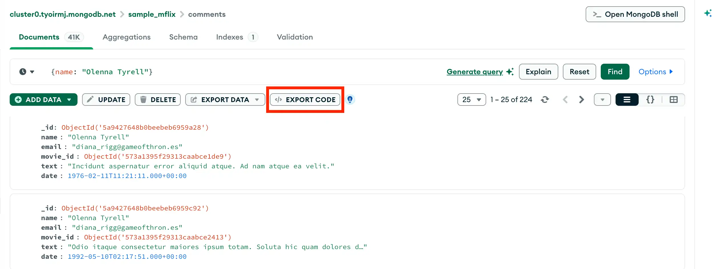 クエリ バーのエクスポート ドロップダウン メニュー