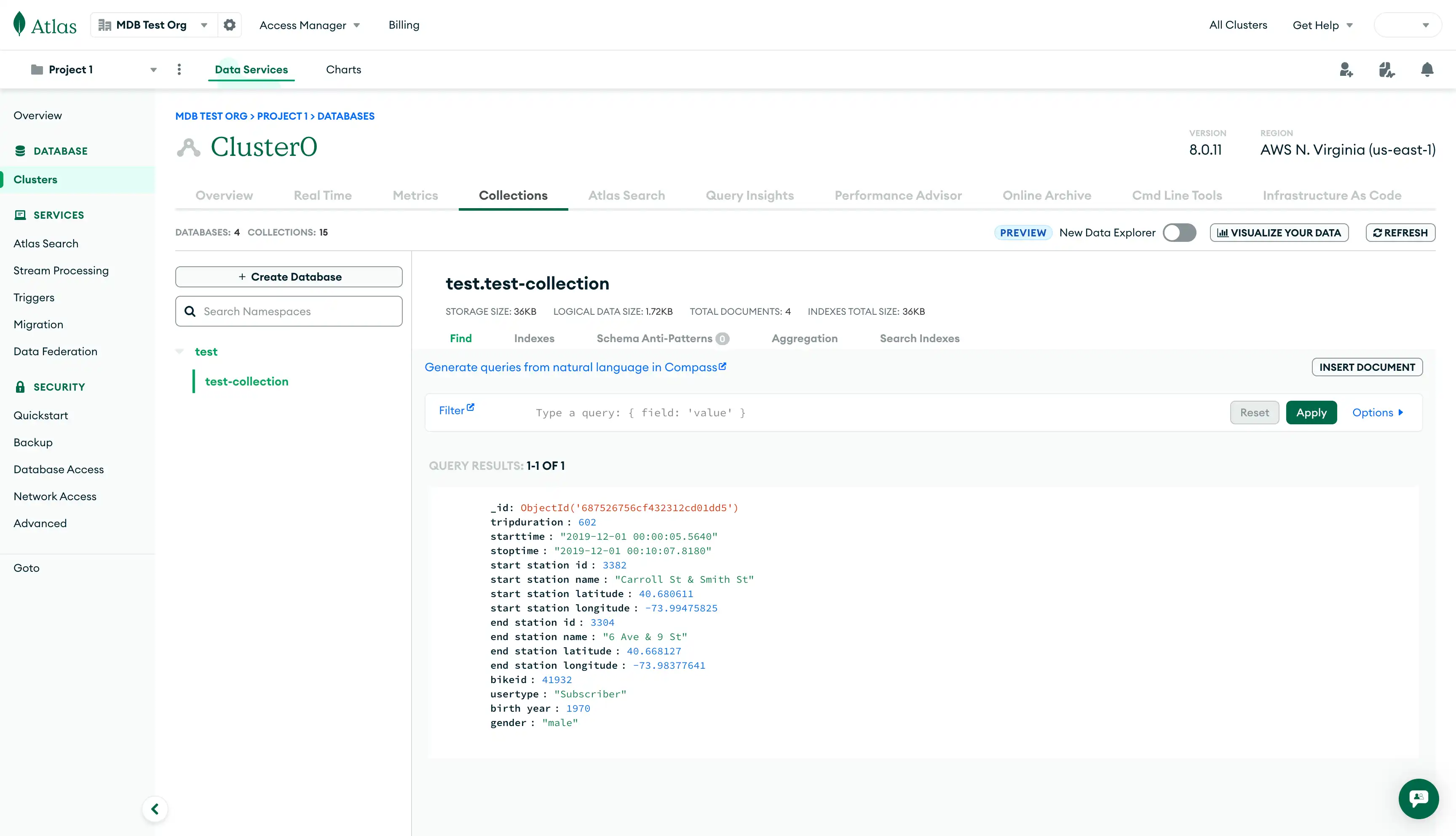 mongoimport Atlas UIデータを含む 1 つのドキュメントをインポート