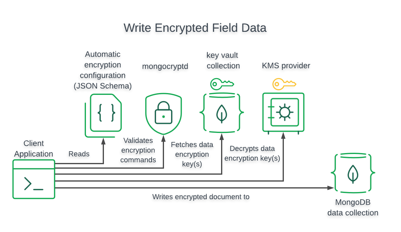 フィールドレベルの暗号化されたデータの書込みに関するデータフローを示す図