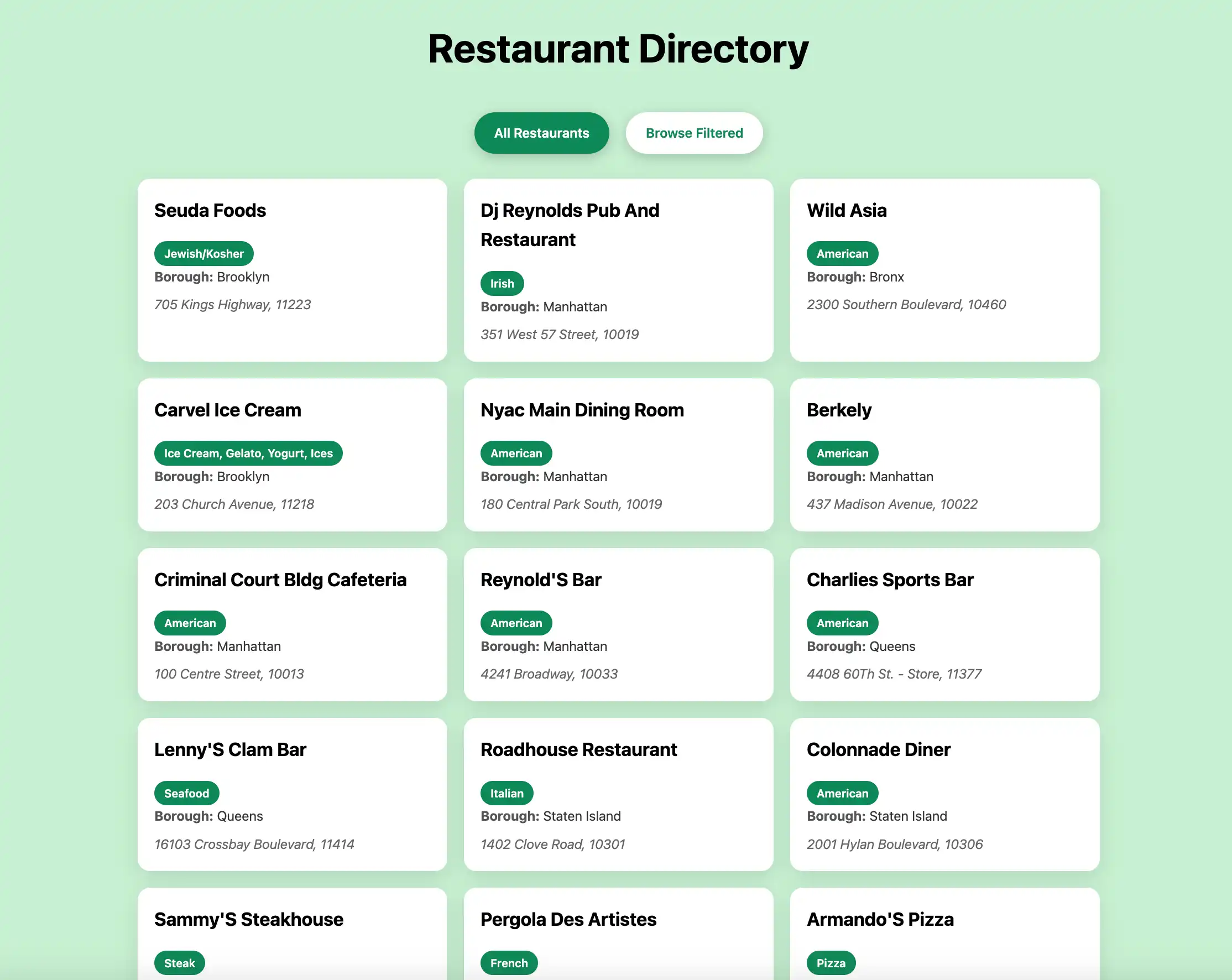 すべてのレストランを表示するランディング ページ