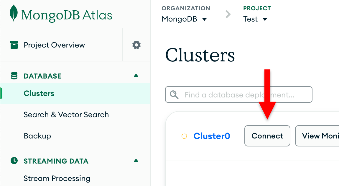 Atlas UI のクラスター セクションの接続ボタン