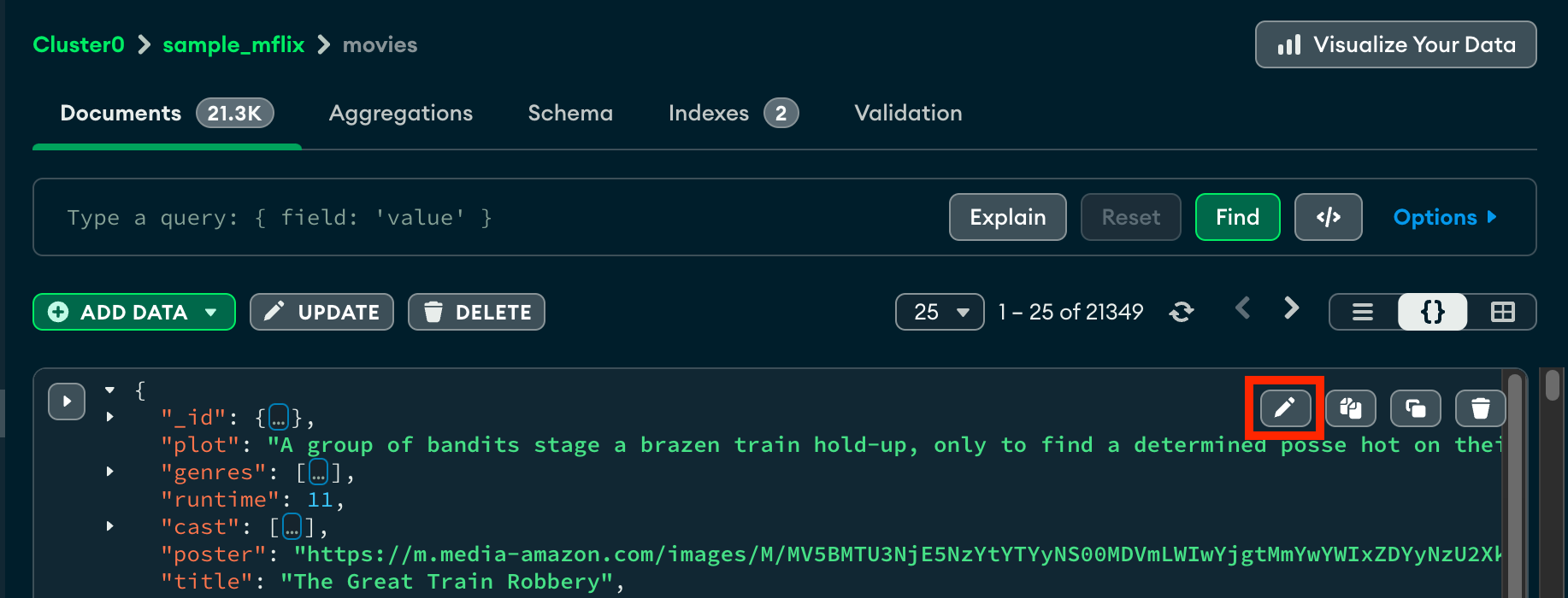 JSON 뷰에서 문서 편집 선택