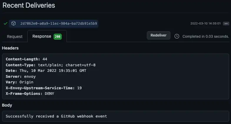 핑 이벤트에 대한 사용자 지정 엔드포인트의 응답을 보여주는 GitHub의 로그 항목입니다. 응답의 상태 코드는 200이며 응답 본문에는 "GitHub webhook 이벤트를 성공적으로 수신했습니다"라고 표시됩니다.