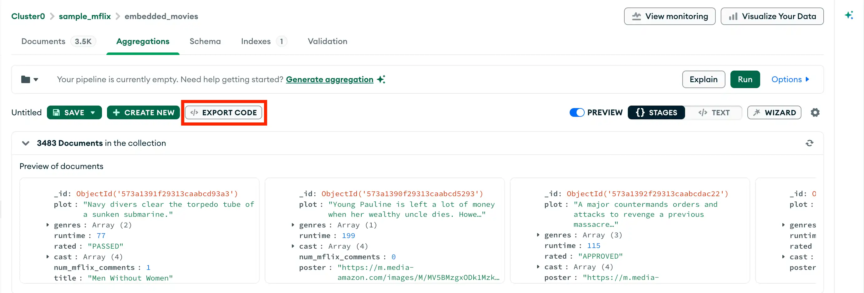 집계 빌더 내보내기 버튼