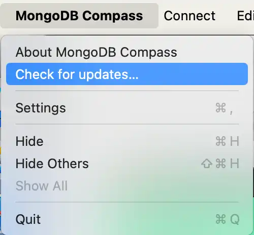 MongoDB Compass 시스템 메뉴에서 업데이트 위치 확인