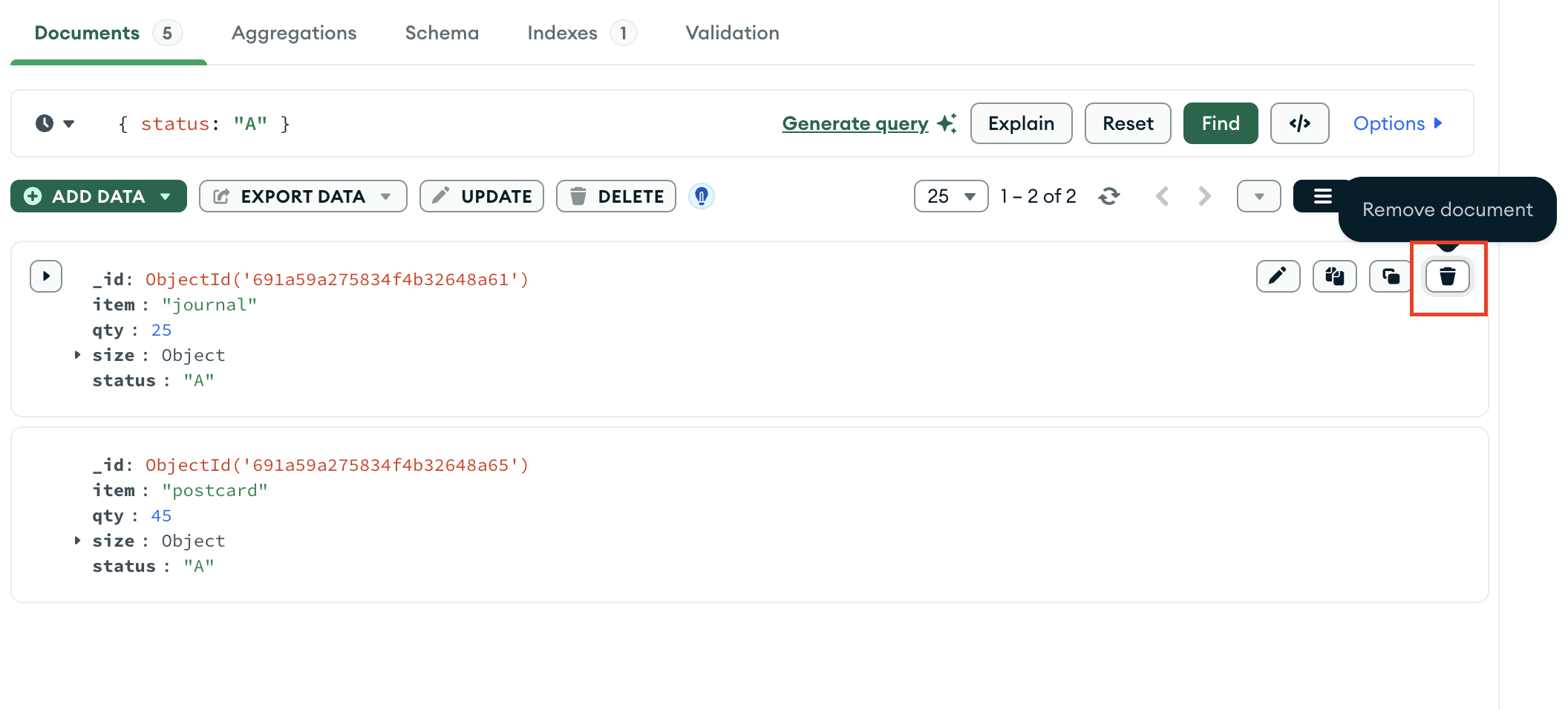 MongoDB Compass 필터와 일치하는 하나의 문서 삭제