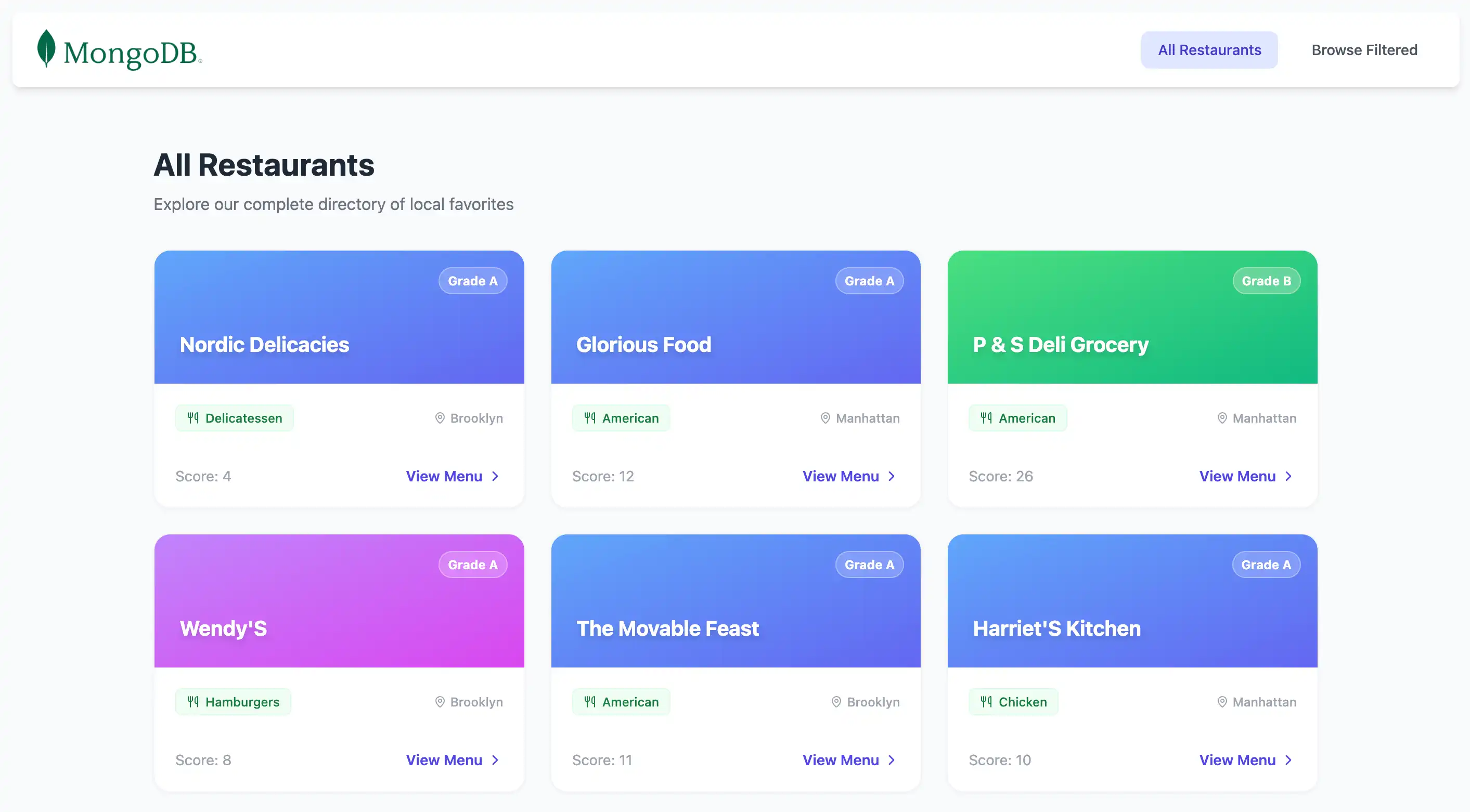 sample_restaurants 데이터베이스 의 첫 50 개 레스토랑을 표시하는 랜딩 앱 .