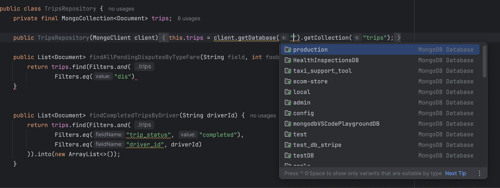 IntelliJ 플러그인의 데이터베이스 이름 자동 완성.