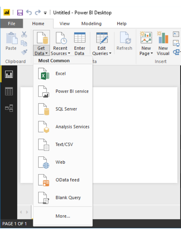 데이터 소스의 Power BI 목록 스크린샷
