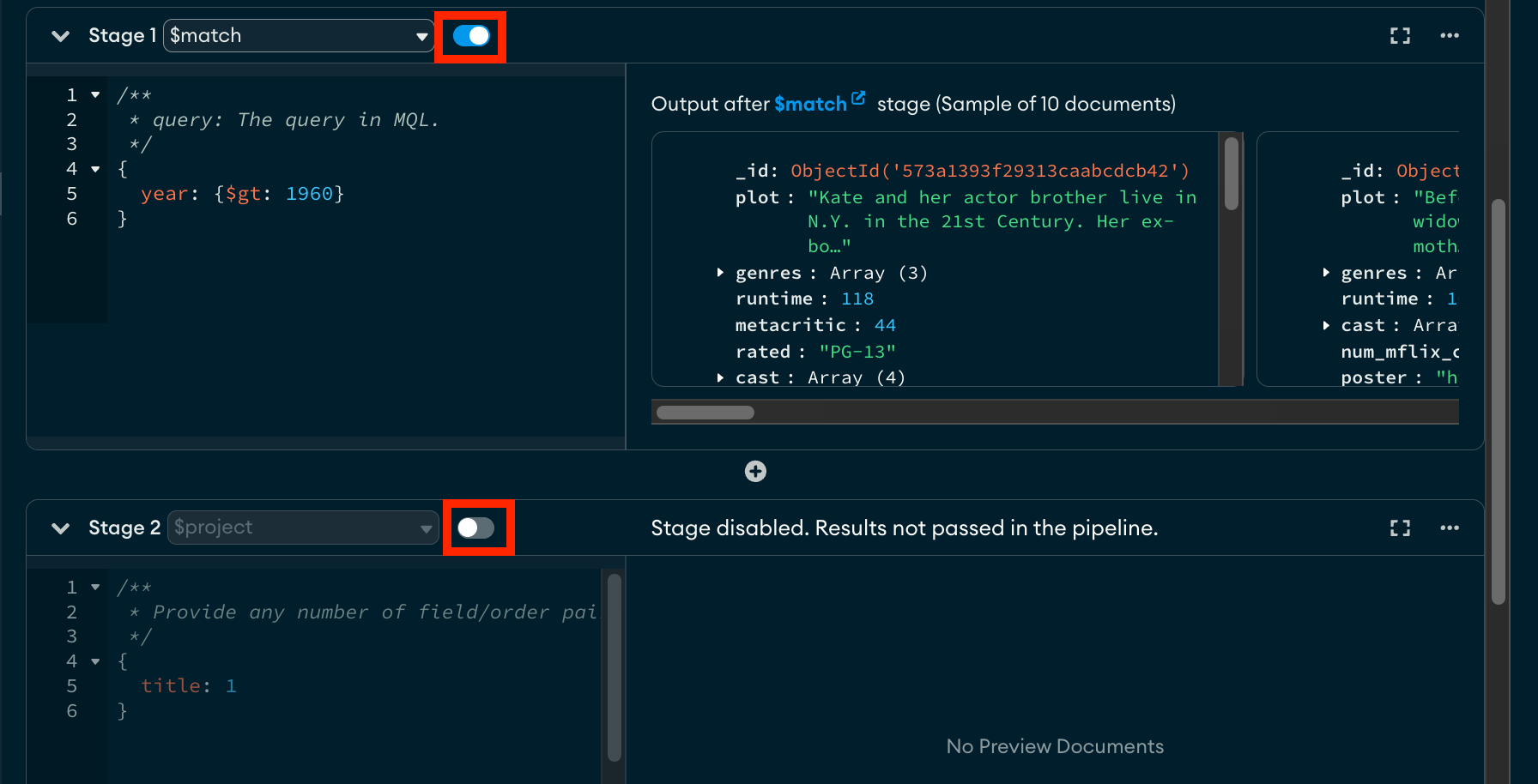 Exemplo de estágio de exclusão do Aggregation Builder