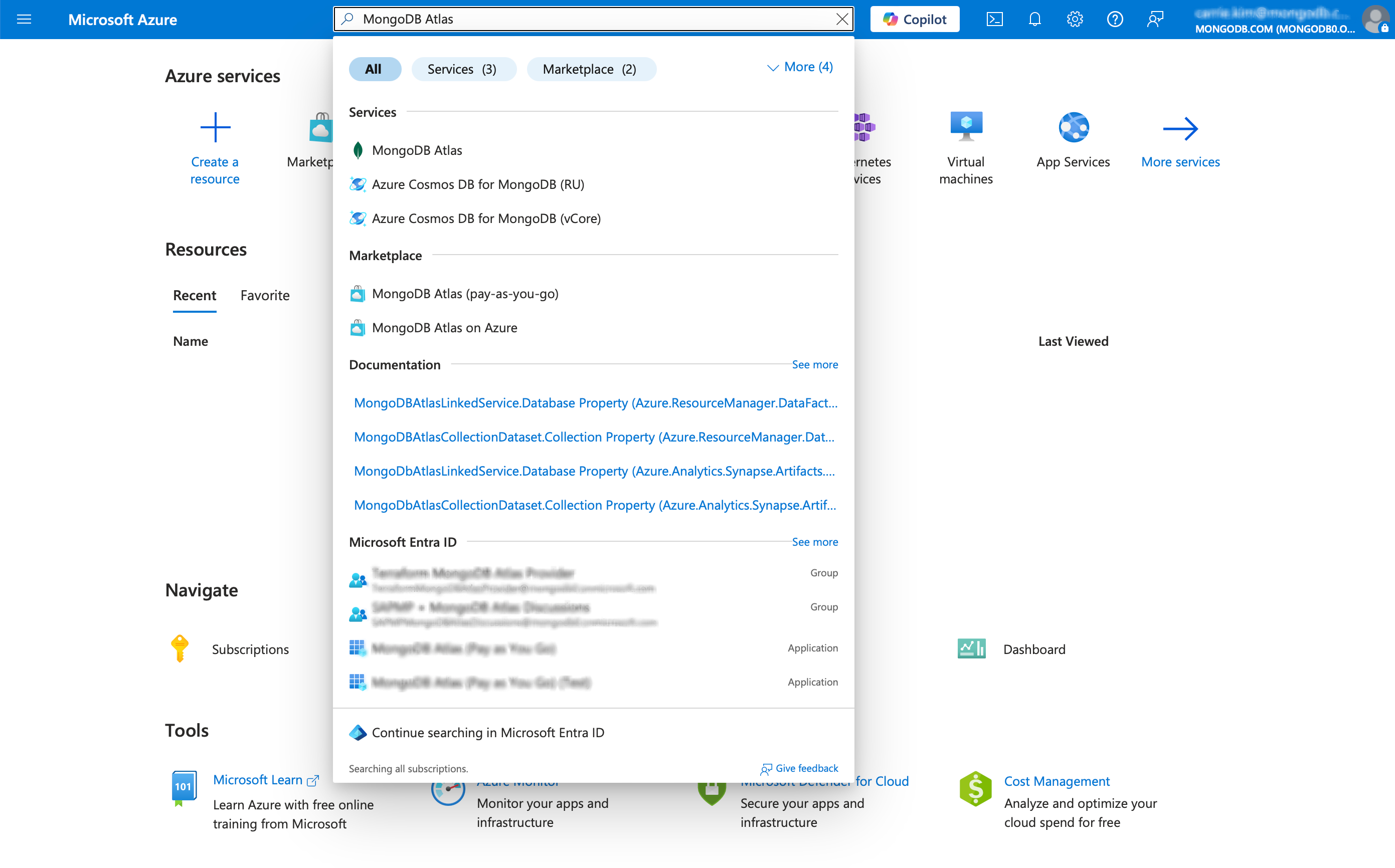 Imagem da barra de pesquisa do Azure para navegar no MongoDB Atlas
