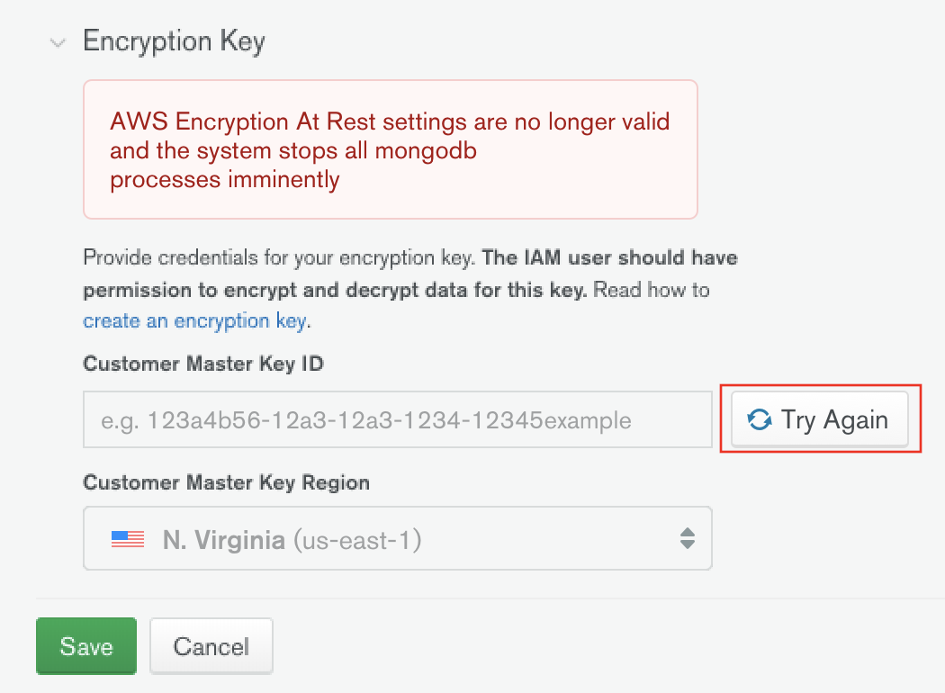 O botão Tentar novamente está à direita do campo ID da chave mestra do cliente nas configurações do Atlas Advanced Security