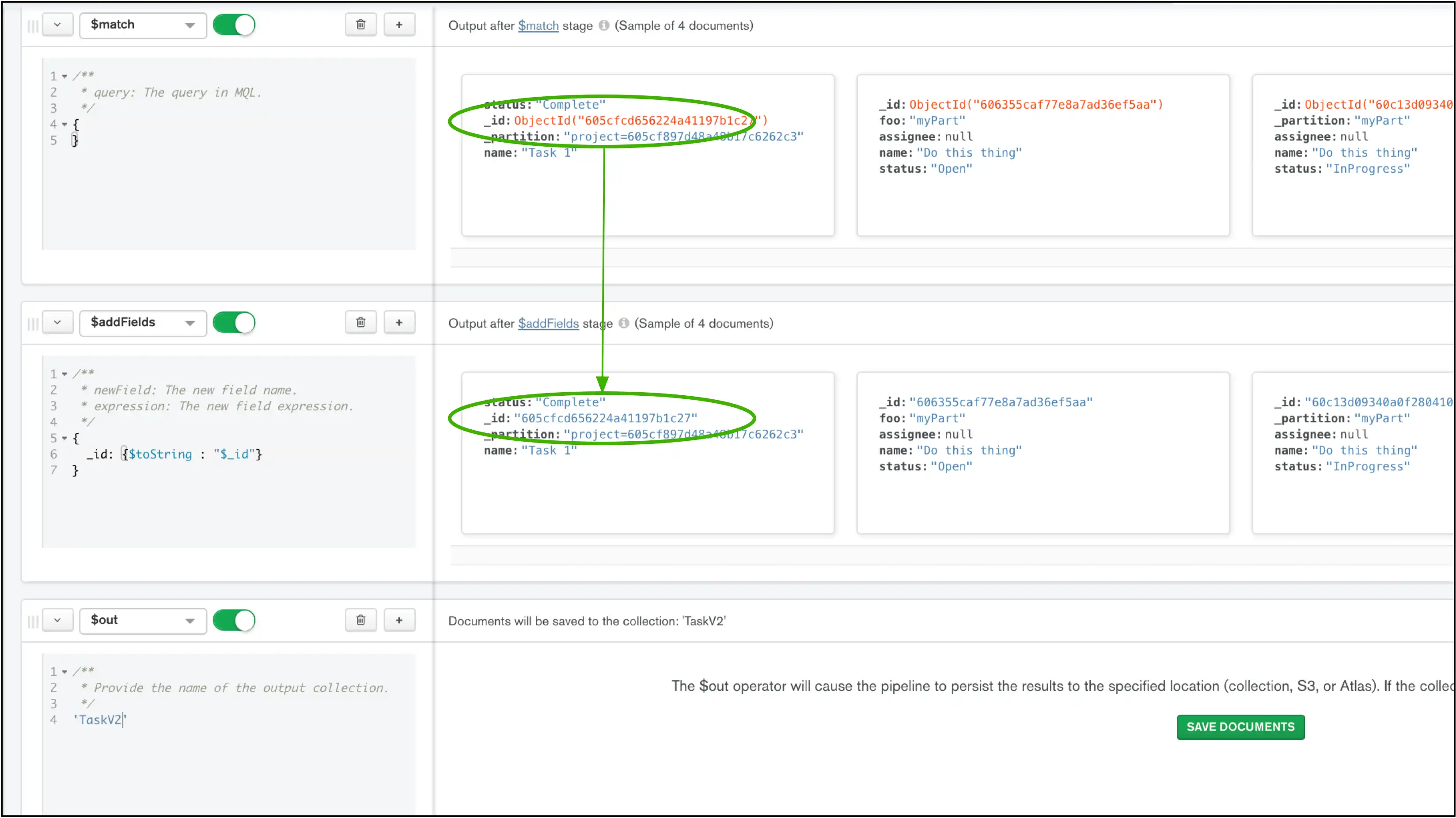 UI do Atlas para o construtor de aggregations