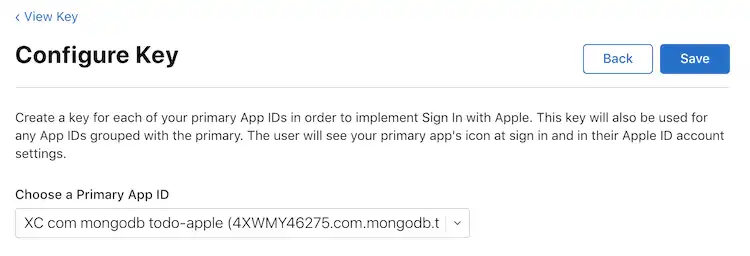A página Configurar chave no Portal do programador Apple