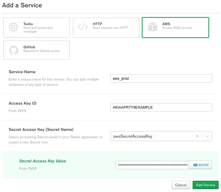 Um exemplo de configuração de serviço na UI