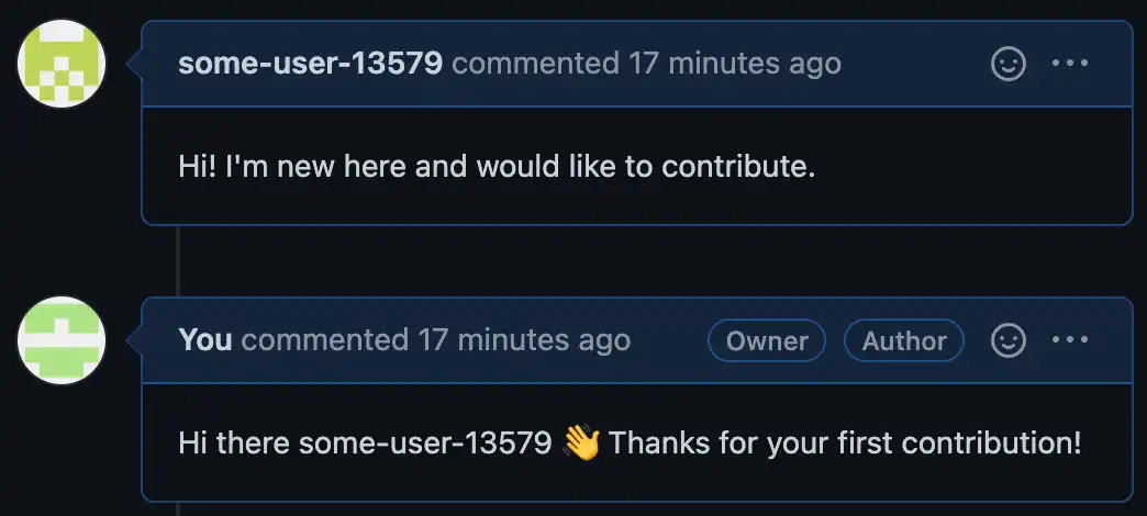 Um exemplo do comentário de boas-vindas no Github adicionado pelo endpoint.