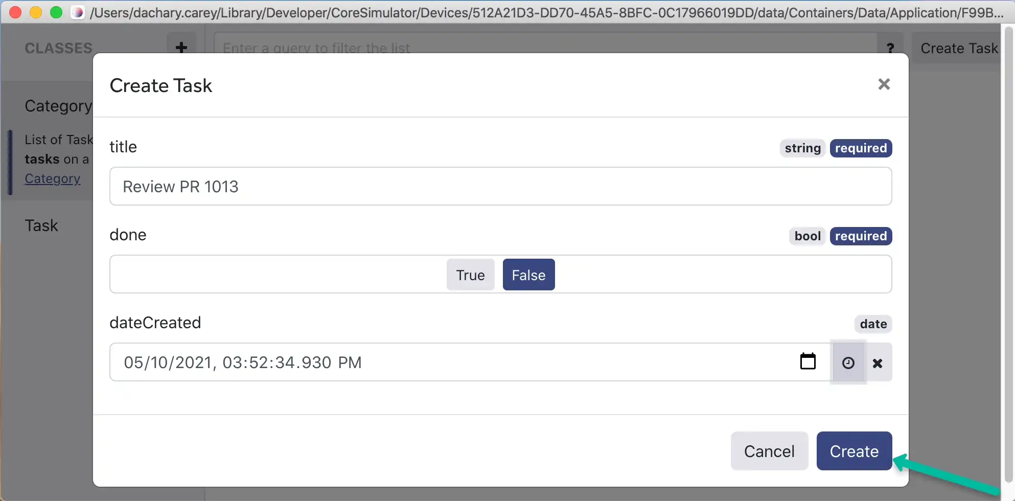 Captura de tela do Realm Studio mostrando um usuário inserindo propriedades para um novo objeto de tarefa e o botão "Criar".