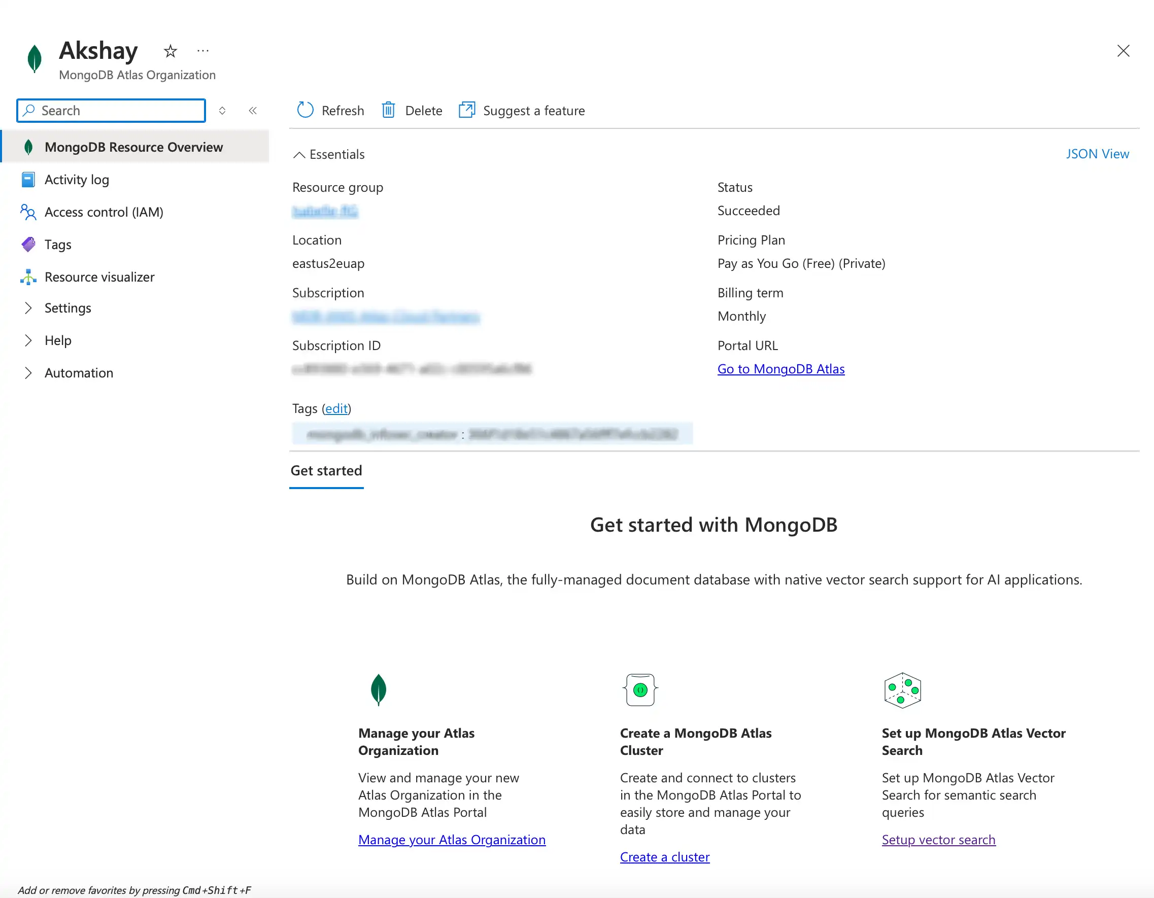 URL do portal da organização do Azure Atlas