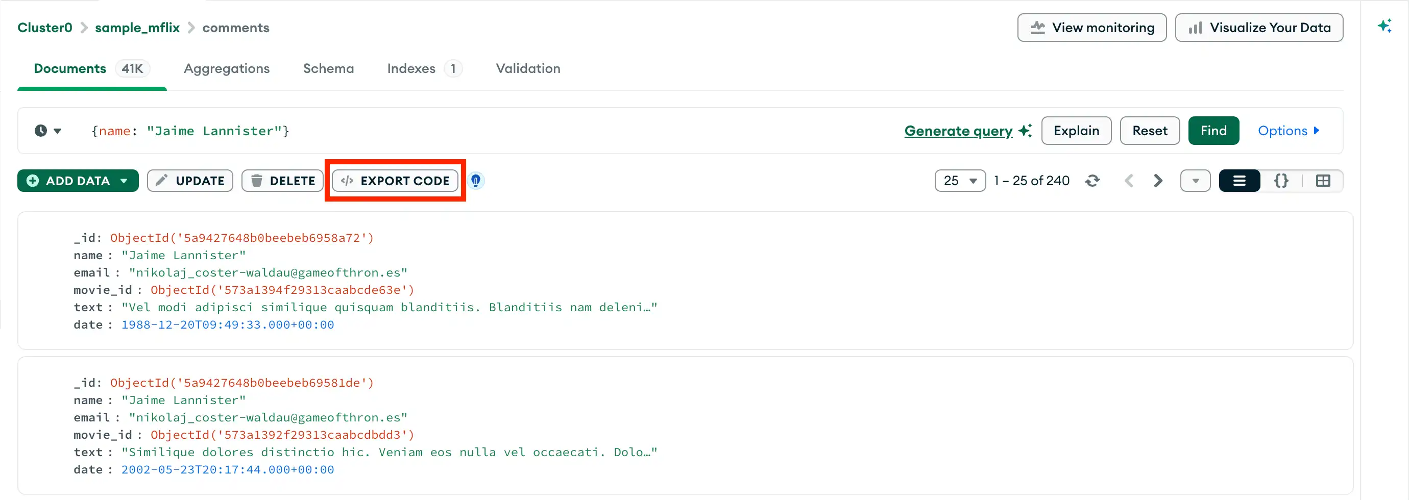 Menu suspenso Exportar barra de consulta