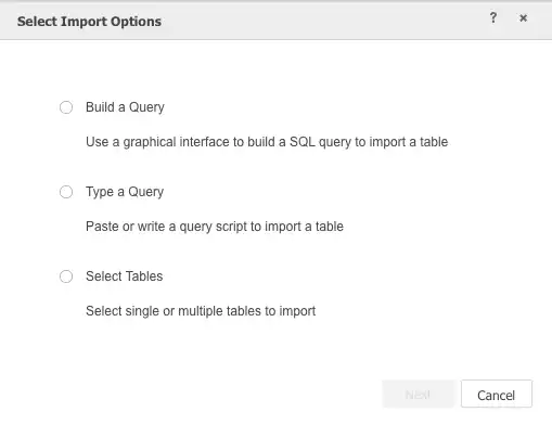 Captura de tela das opções de importação do MicroStrategy
