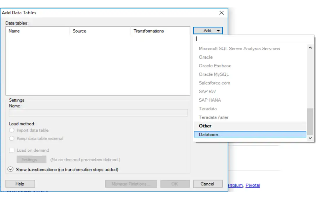 Captura de tela da caixa de diálogo Adicionar Tabelas de Dados do Ponto de Ação