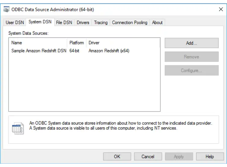 Captura de tela do aplicativo Windows ODBC Administrator