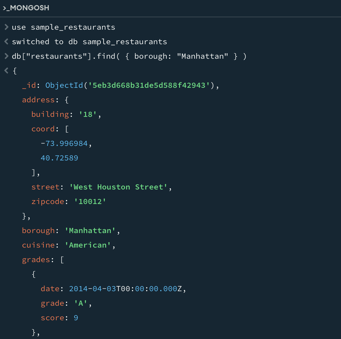Imagem do shell embutido do MongoDB Compass