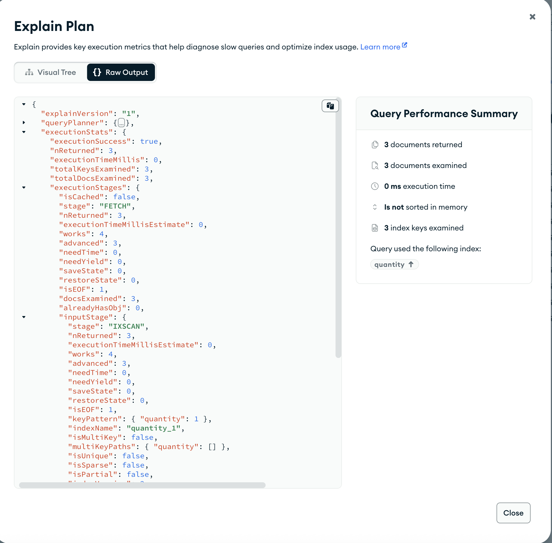 Plano de consulta Compass com JSON bruto de índice