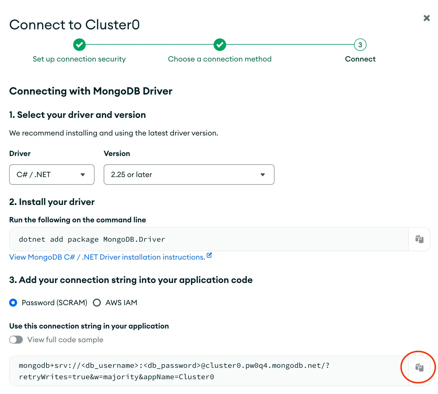O botão de cópia da connection string na interface de usuário do Atlas