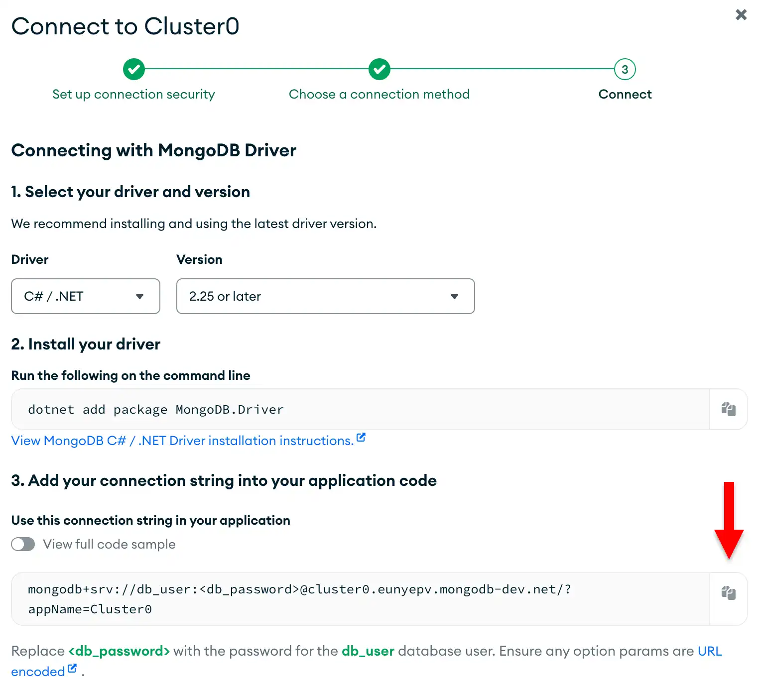 O botão de cópia da connection string na interface de usuário do Atlas