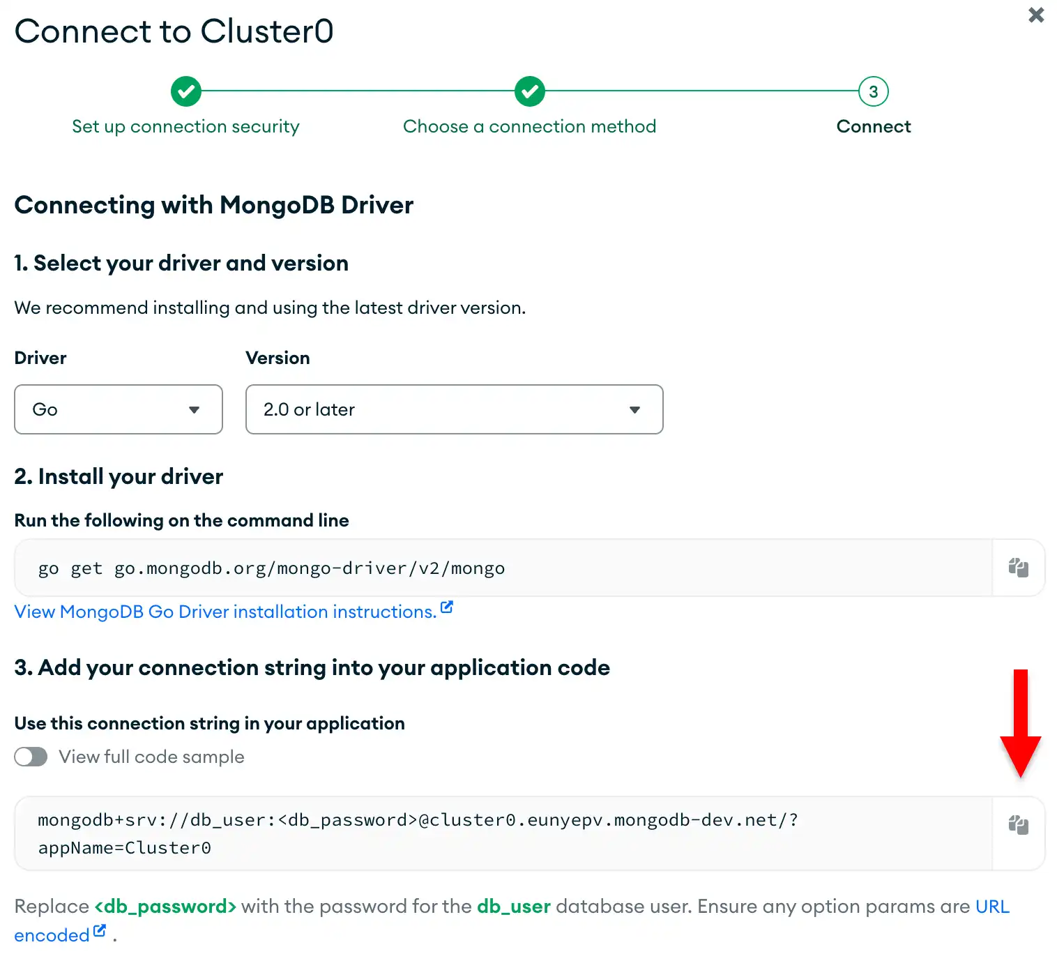 O botão de cópia da connection string na interface de usuário do Atlas