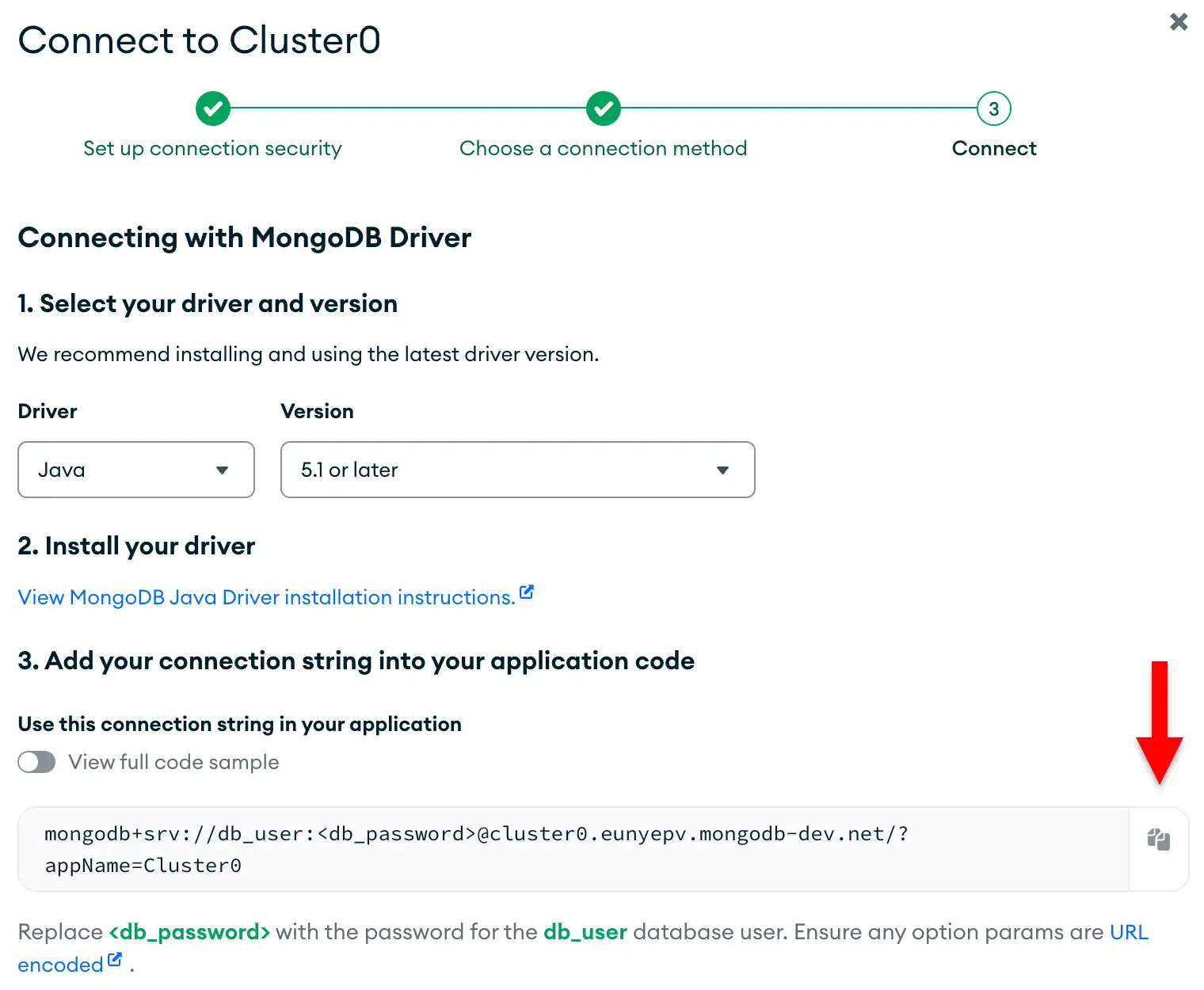 O botão de cópia da connection string na interface de usuário do Atlas
