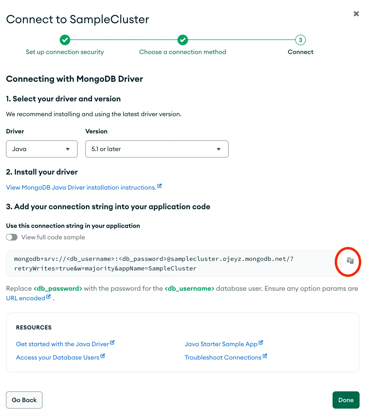 O botão de cópia da connection string na interface de usuário do Atlas