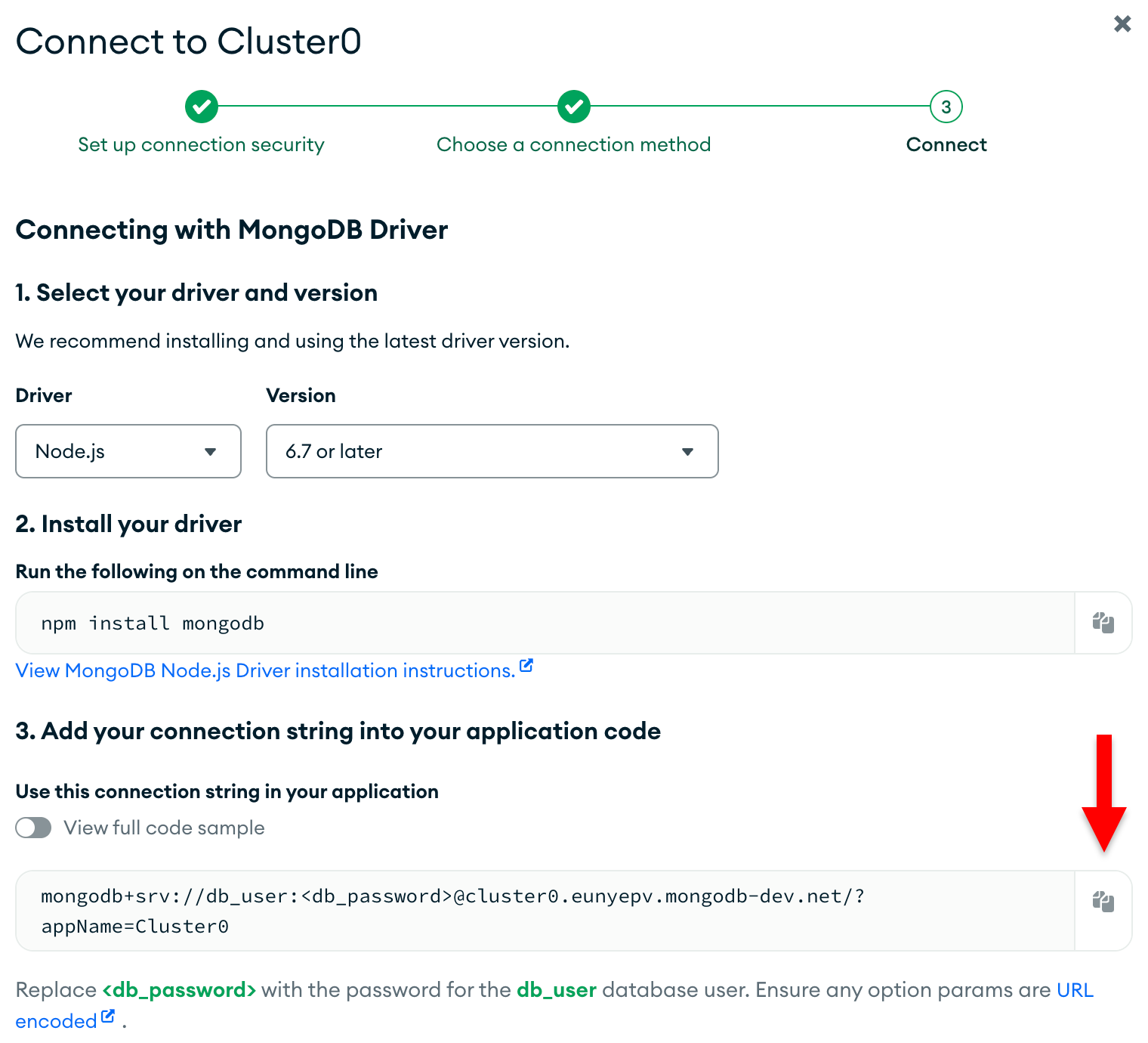 O botão copiar ao lado da string de conexão na UI do Atlas