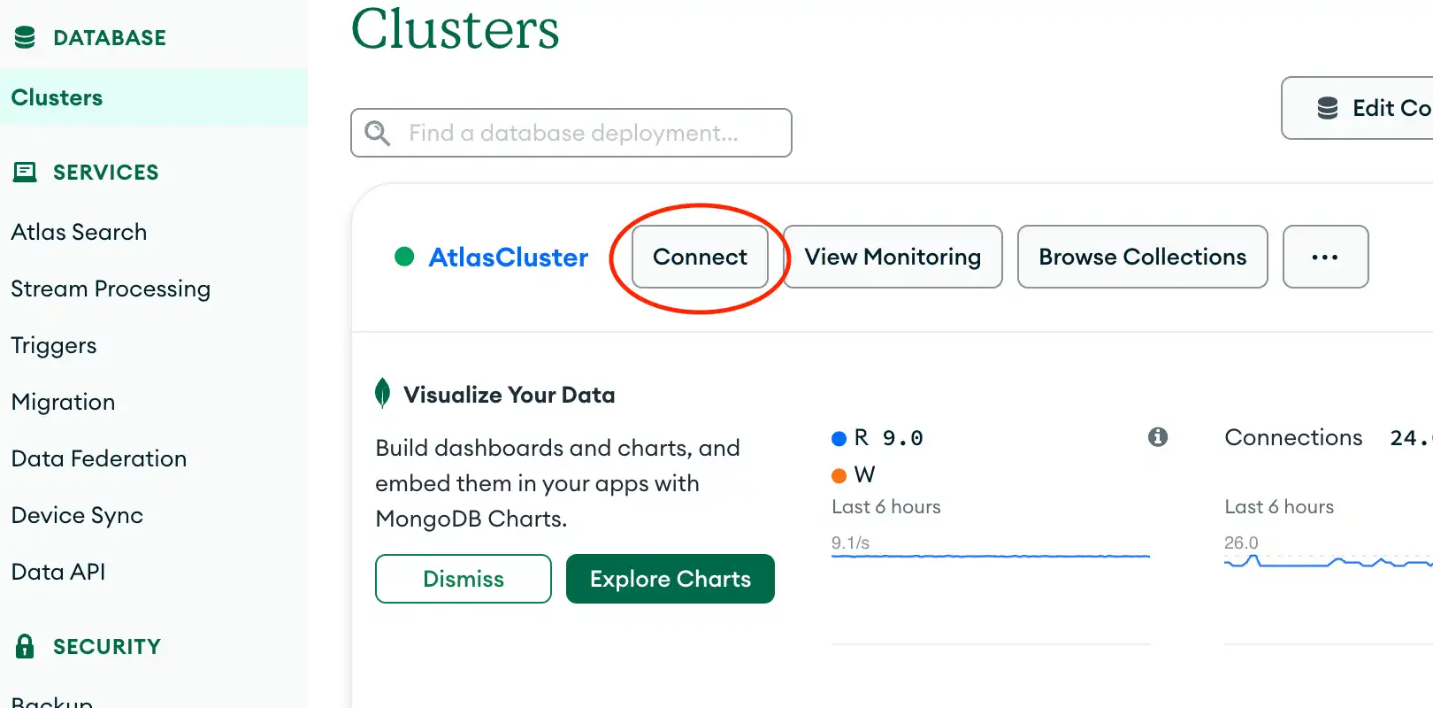 O botão de conexão na seção de clusters da UI do Atlas