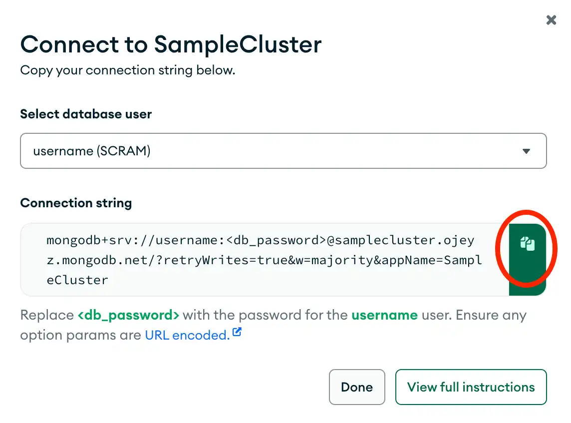 O botão de cópia da connection string na interface de usuário do Atlas