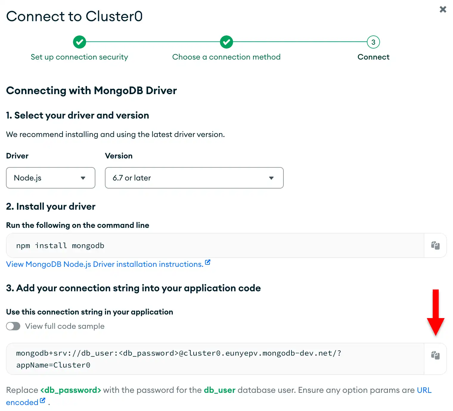 O botão copiar ao lado da string de conexão na UI do Atlas