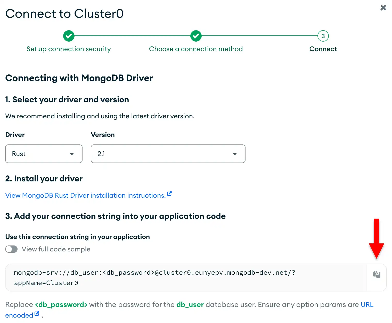 O botão de cópia da connection string na interface de usuário do Atlas