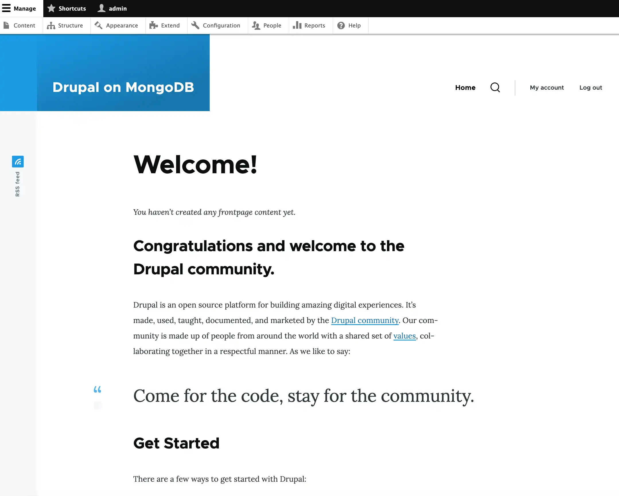 Captura de tela da página inicial do Drupal após a instalação inicial