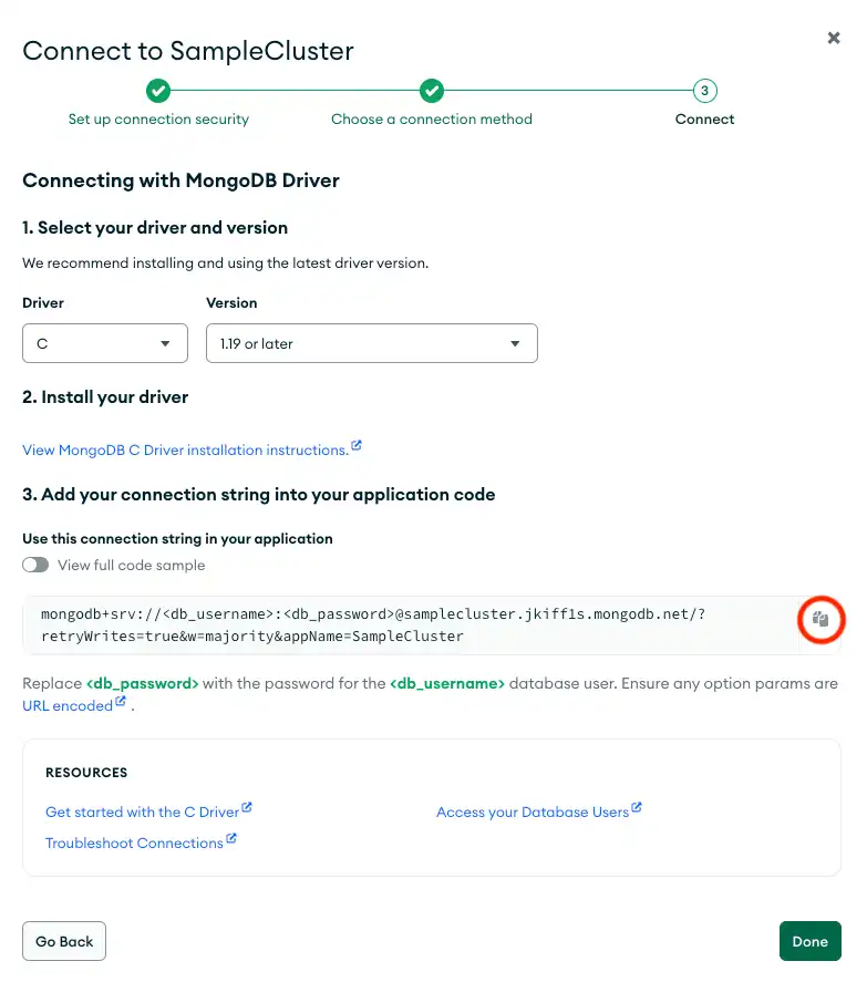 O botão copiar ao lado da string de conexão na UI do Atlas