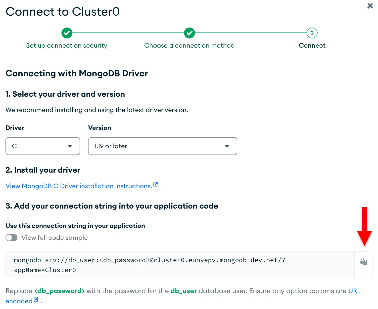 O botão copiar ao lado da string de conexão na UI do Atlas