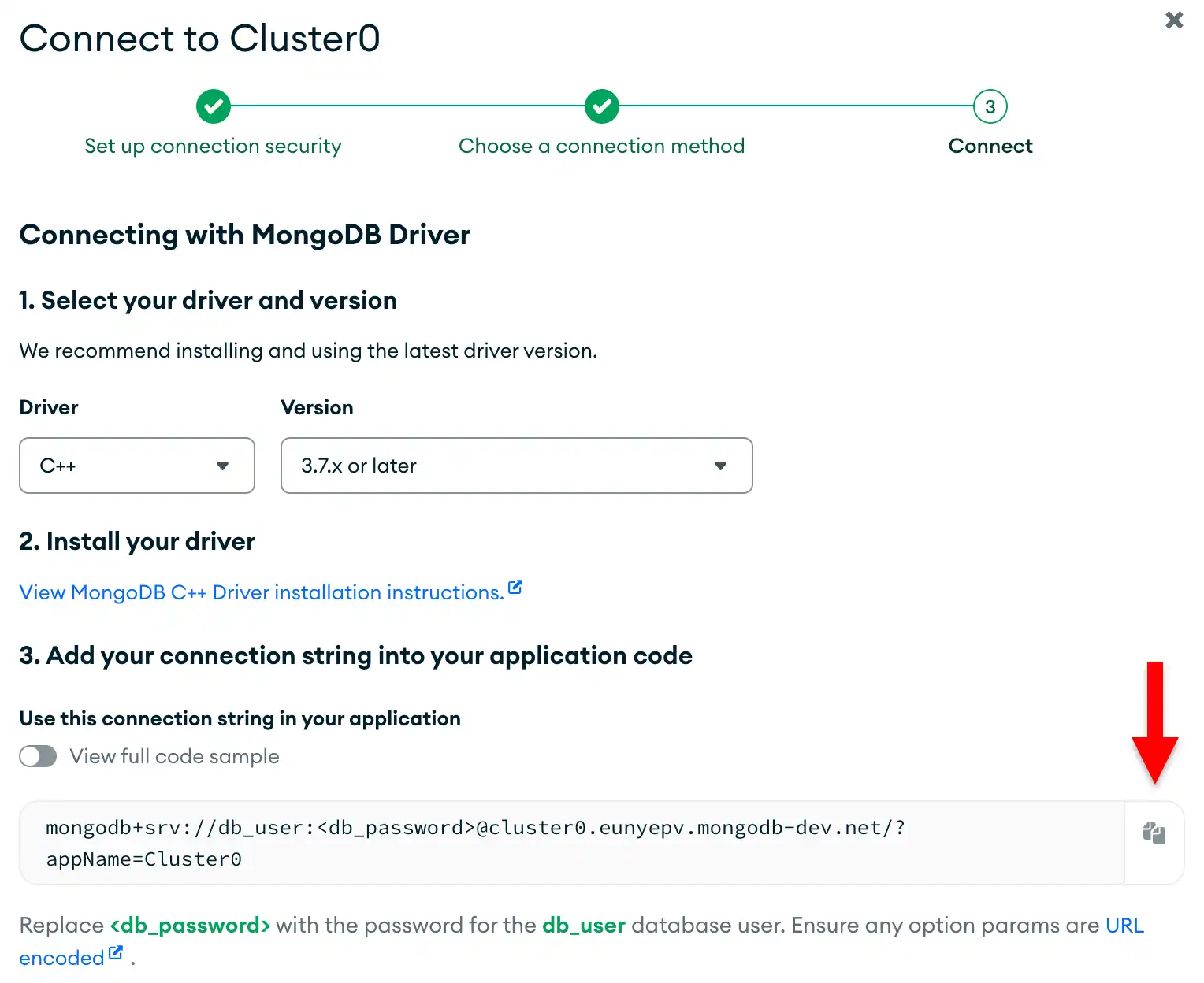 O botão copiar ao lado da string de conexão na UI do Atlas