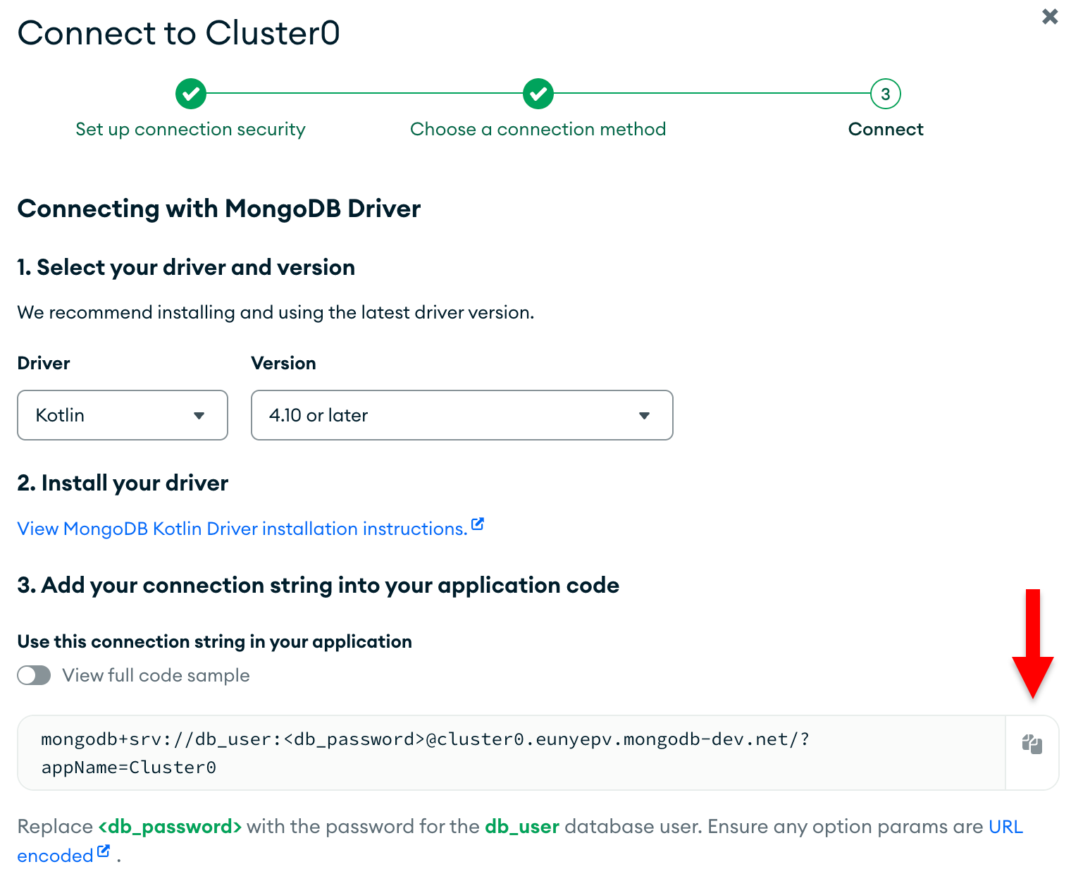 O botão de cópia da connection string na interface de usuário do Atlas