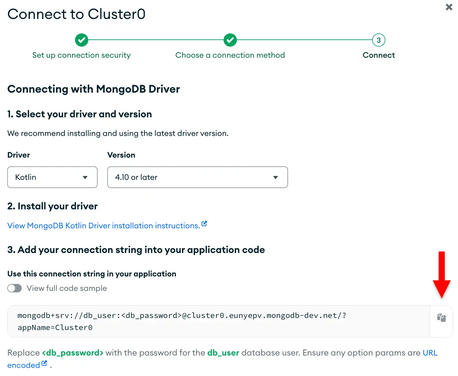O botão de cópia da connection string na interface de usuário do Atlas