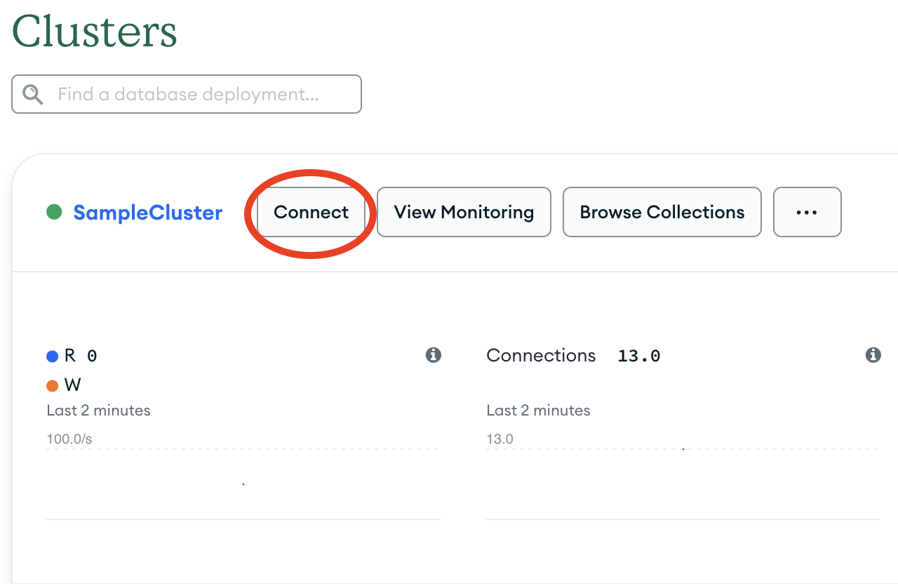 O botão de conexão na seção de clusters da UI do Atlas