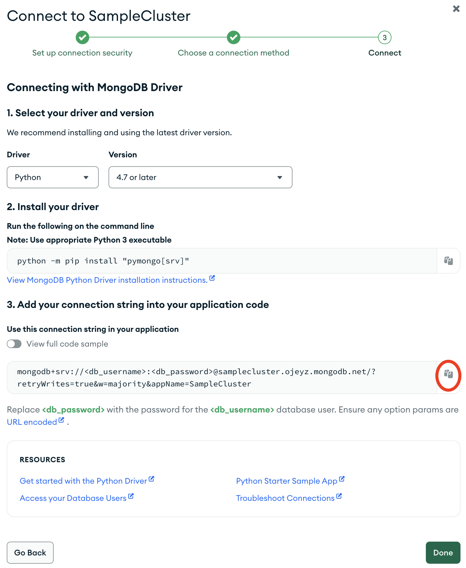O botão de cópia da connection string na interface de usuário do Atlas