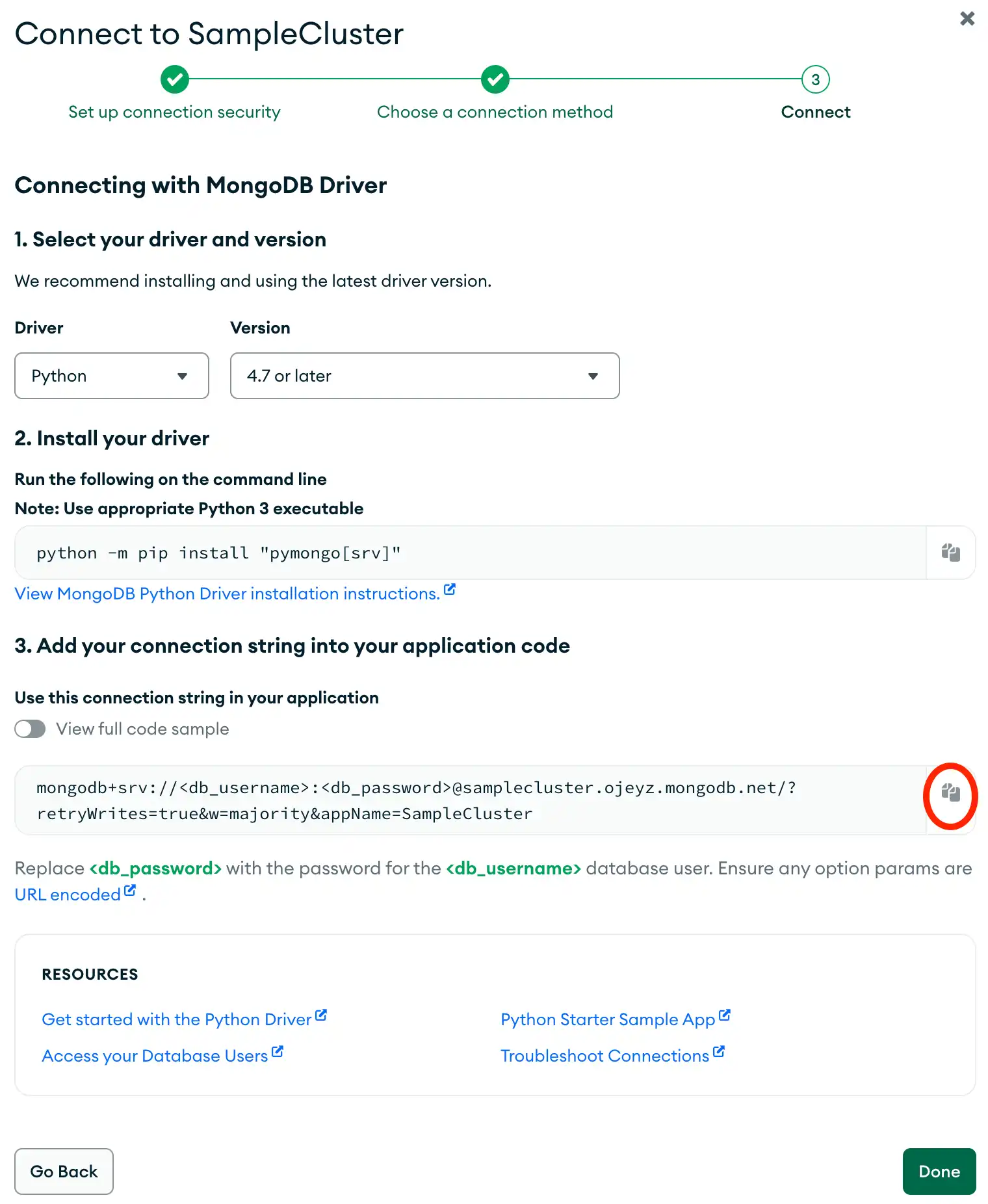 O botão de cópia da connection string na interface de usuário do Atlas