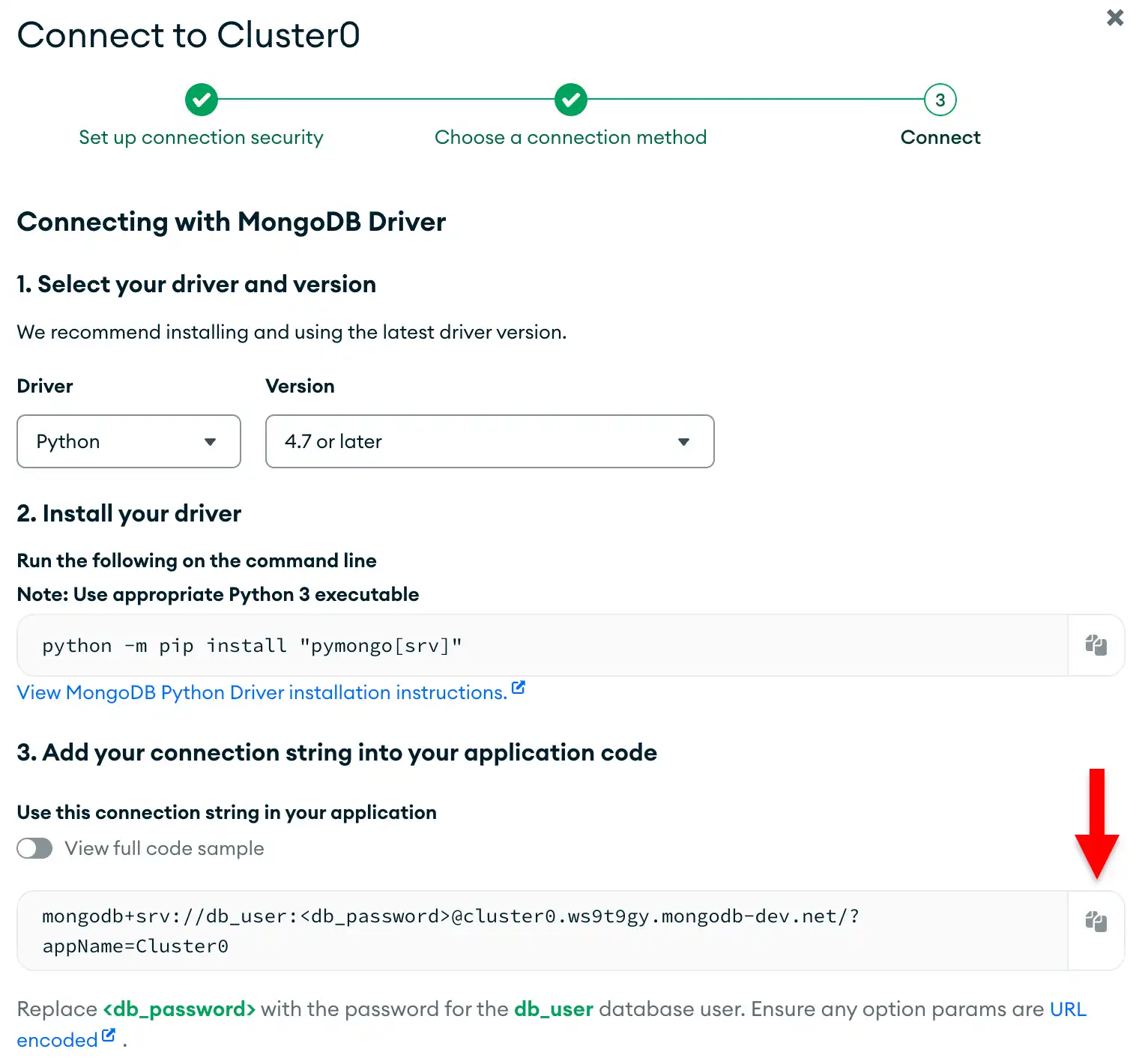 O botão de cópia da connection string na interface de usuário do Atlas