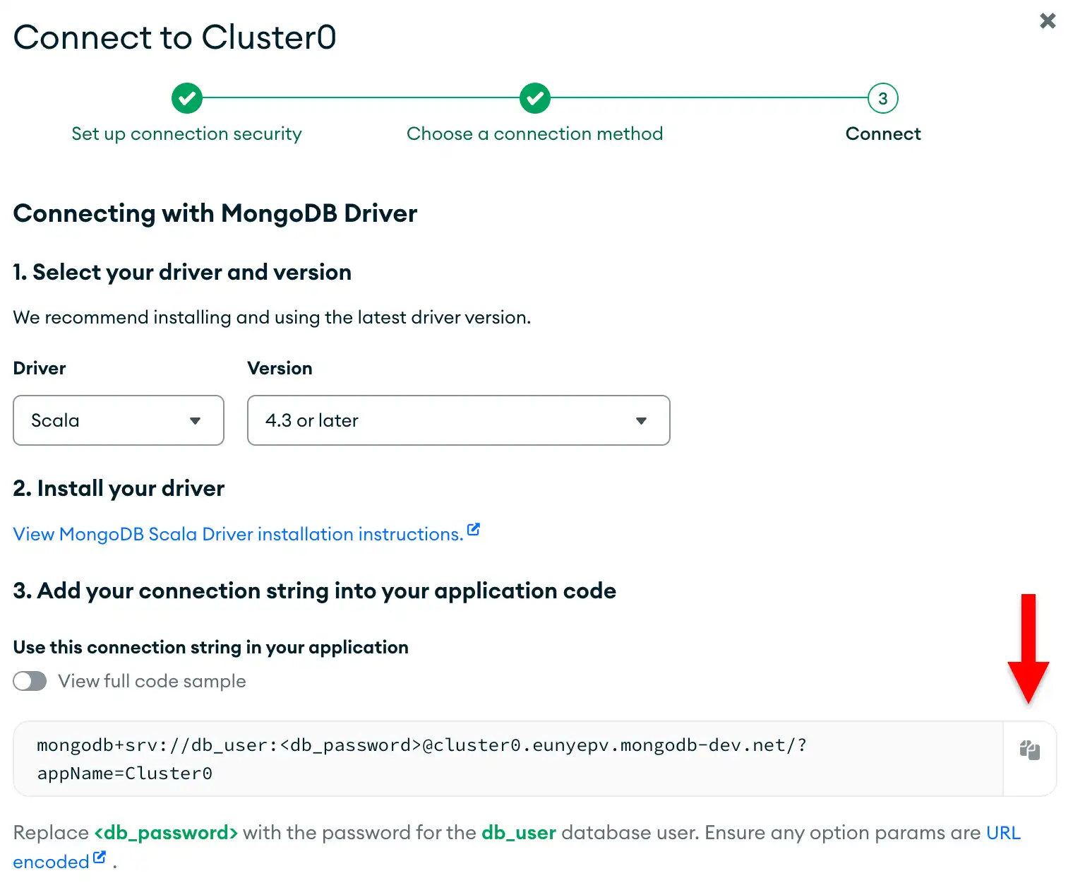 O botão copiar ao lado da string de conexão na UI do Atlas