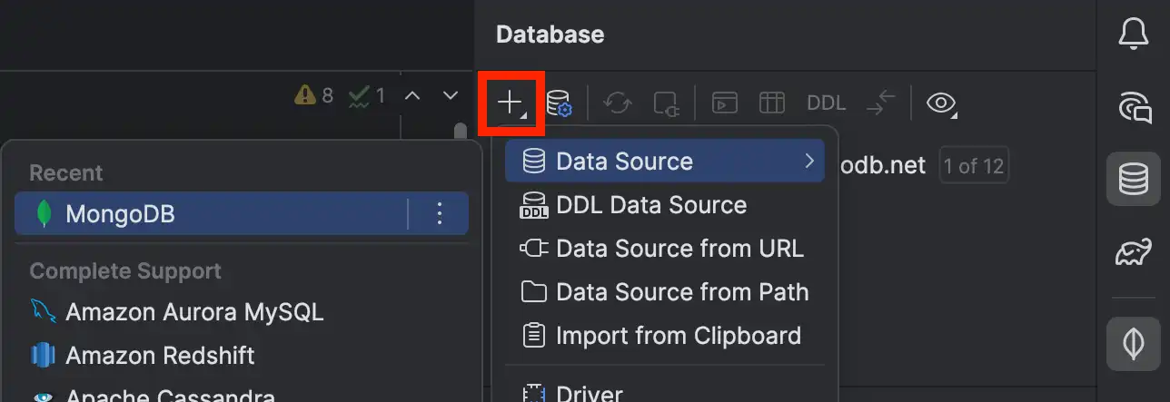 Clique no ícone + e selecione MongoDB no menu suspenso.
